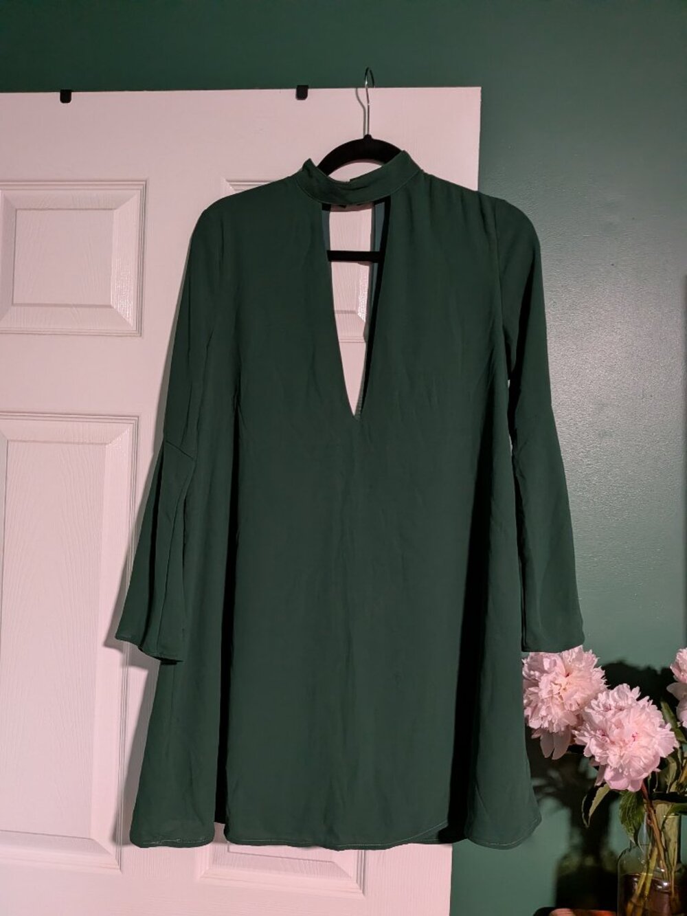 Short Dark green Dress w/ Bell Sleeves, Sz L
